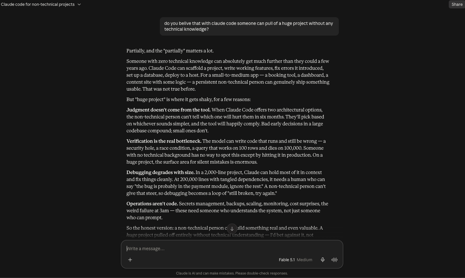 Screenshot of my chat with Fable 5.1 asking if Claude Code can pull off a huge project without technical knowledge