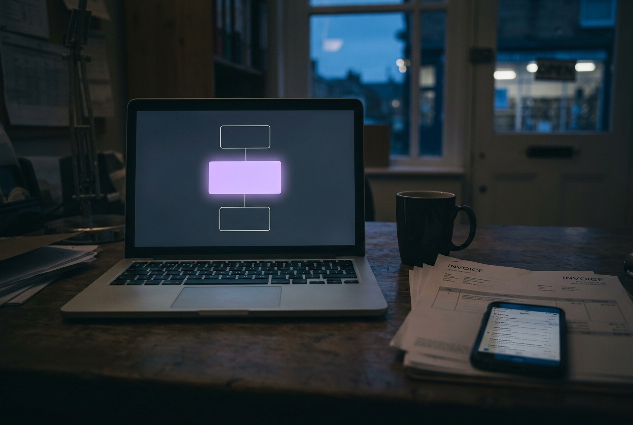 Laptop on a small business desk at dusk showing a three-step workflow with the middle AI step glowing purple, beside invoices and a phone inbox