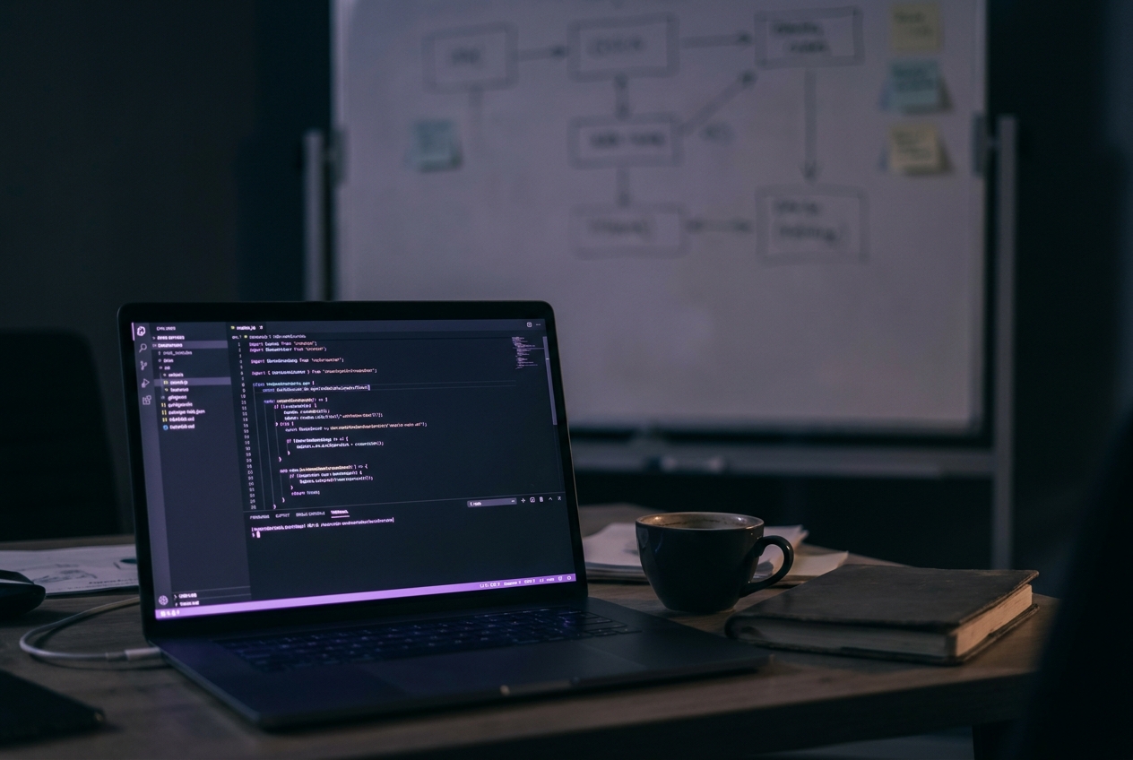 Laptop with a code editor and a lavender-lit terminal in front of a whiteboard with startup architecture sketches