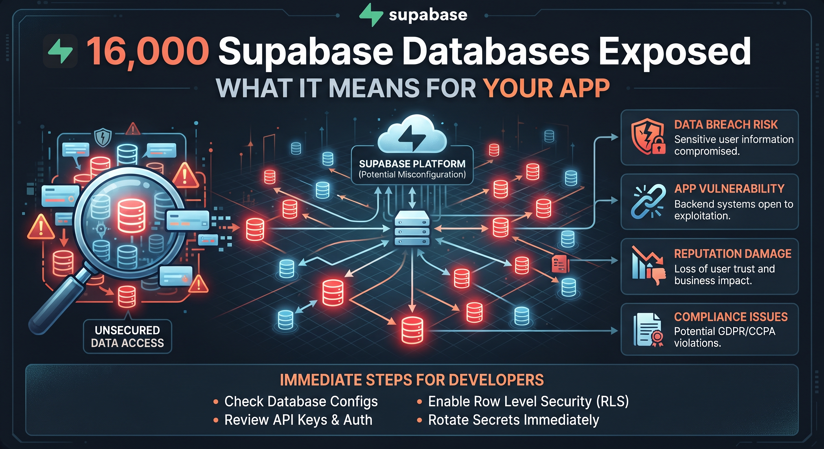Open blue file folders above a laptop, illustrating exposed Supabase databases and leaked user data
