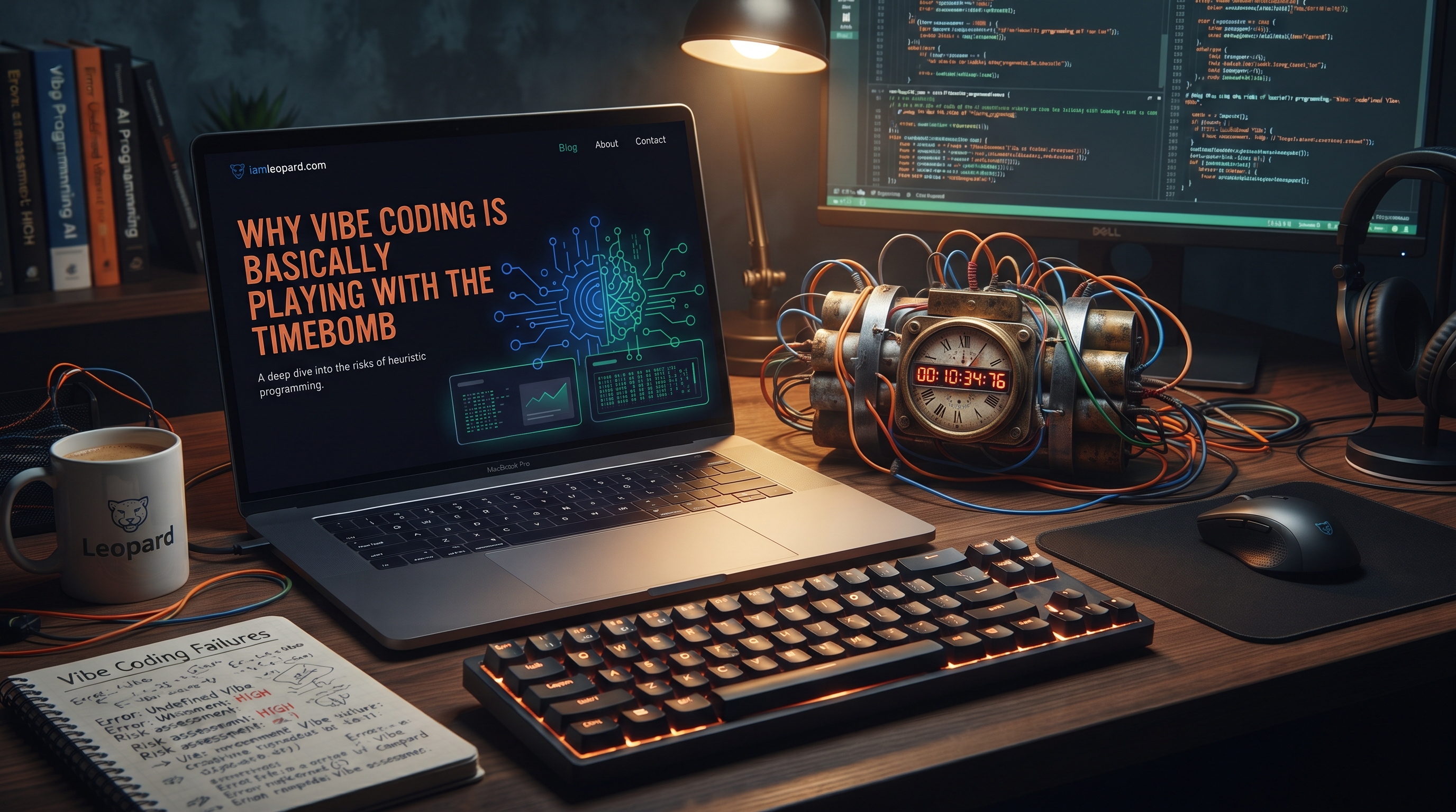 A developer desk with a laptop showing the Why Vibe Coding is Basically Playing with the Timebomb article beside a dynamite timebomb and a notebook labeled Vibe Coding Failures.